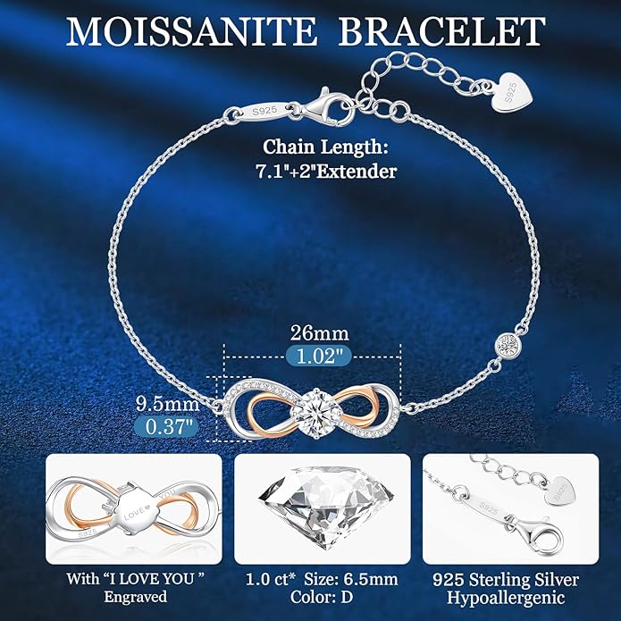 Seelove Moissanite Infinity Heart Bracelets for Women,925 Sterling Silver,18K Gold Plated,Adjustable Anniversary Birthday Fine Jewelry Gifts for Wife Her Mom