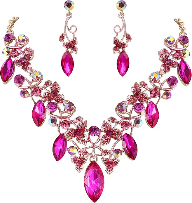 BriLove Women's Costume Fashion Crystal Floral Vine Leaf Statement Necklace Dangle Earrings Set