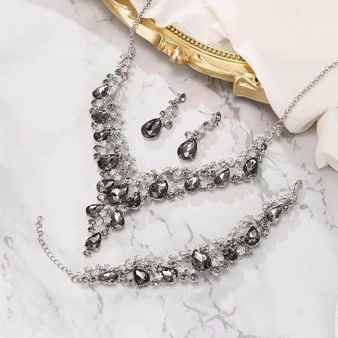 BriLove Women's Wedding Bridal Austrian Crystal Teardrop Flower Cluster Statement Necklace Dangle Earrings Jewelry Set for Party Prom