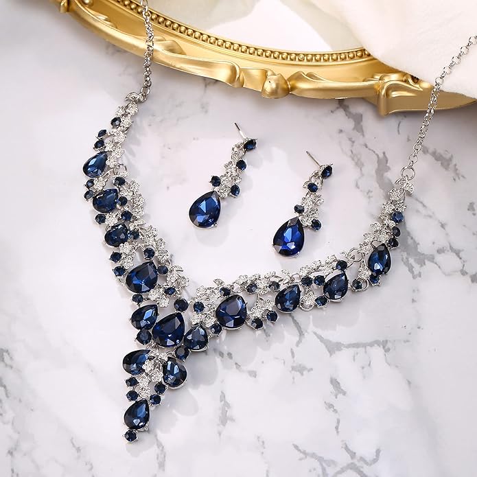 BriLove Women's Wedding Bridal Austrian Crystal Teardrop Flower Cluster Statement Necklace Dangle Earrings Jewelry Set for Party Prom