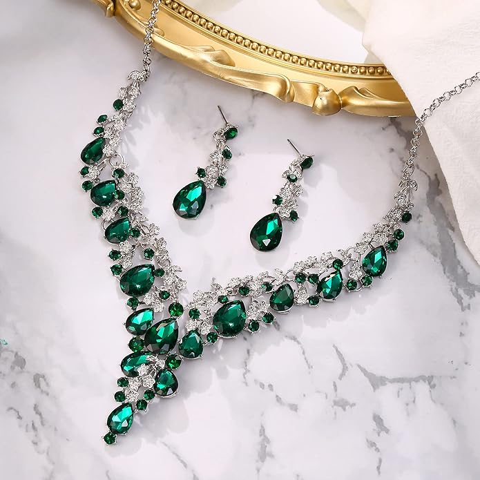 BriLove Women's Wedding Bridal Austrian Crystal Teardrop Flower Cluster Statement Necklace Dangle Earrings Jewelry Set for Party Prom
