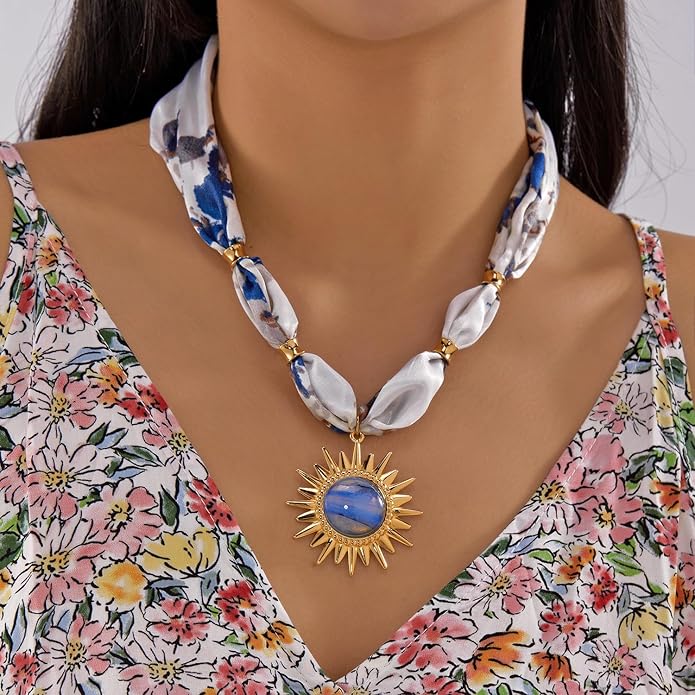 RINHOO FRIENDSHIP Silk Scarf Necklace for Women - Adjustable Boho Vintage Bandana Choker with 18K Non-Tarnish Gold Charms (Assorted Pendants & Patterns) Layered Jewelry Gift Box