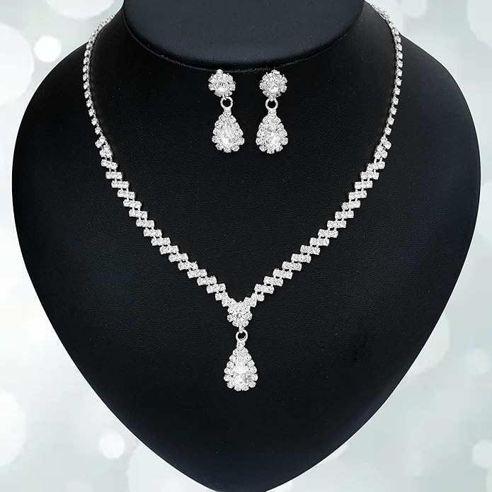 HONGLU Elegant Crystal Necklace Earrings Bracelets Set Silver Bridal Wedding Jewelry Sets Bride Bridesmaids Prom Formal Costume Accessories for Women