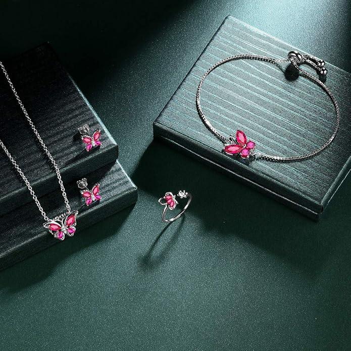 925 Sterling Silver Birthstone Butterfly Jewelry Women Crystal Animal Cute Butterflies Birthday Necklace/Earring/Ring/Bracelet Sets Birth Stone Statement Anniversary Jewellery