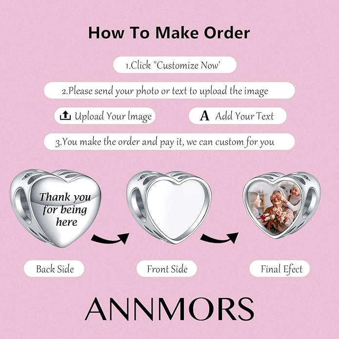 Annmors Personalized Photo Charms For Bracelets/Necklace 925 Sterling Silver Love Heart Shaped Engraved Customize Picture Gift for Birthday Mother's Day,Bead Charms Jewelry for Women