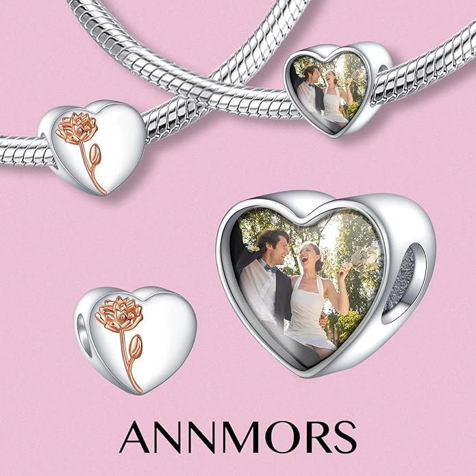 Annmors Personalized Photo Charms For Bracelets/Necklace 925 Sterling Silver Love Heart Shaped Engraved Customize Picture Gift for Birthday Mother's Day,Bead Charms Jewelry for Women