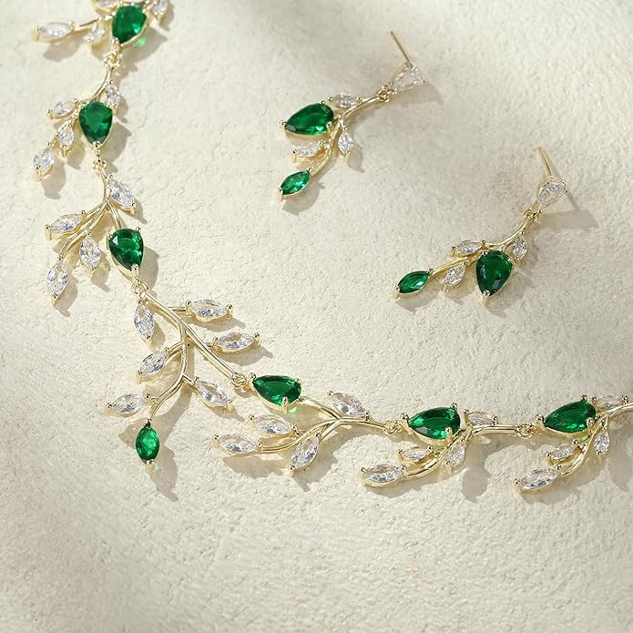 EVER FAITH Wedding Jewelry for Bride Women Bridesmaid, Sparkly Cubic Zirconia Pear-Shaped Birthstone Leaf Necklace Earrings Set for Prom