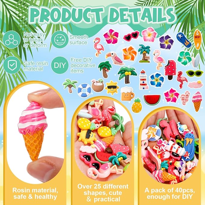 Giegxin 40 Pcs Summer Resin Charm Hawaii Beach Coconut Flamingo Plumeria Flower Flatback Cabochon Accessories Cute Embellishments Bulk for Jewelry Cellphone Case Scrapbooking DIY