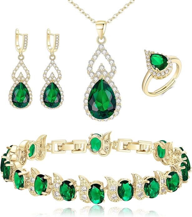 BriLove Wedding Jewelry Set for Women Bride Bridesmaid, Gorgeous Cubic Zirconia Teardrop Necklace Earrings Bracelet Adjustable Ring Jewelry Gift for Birthday/Anniversary/Mother’s Day