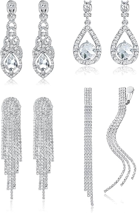 THUNARAZ 4 Pairs Silver Clip on Earrings for Women, Sparkly Rhinestone Tassel Chandelier Teardrop Dangle Earrings for Brides Bridesmaids Non Pierced Prom Jewelry Set