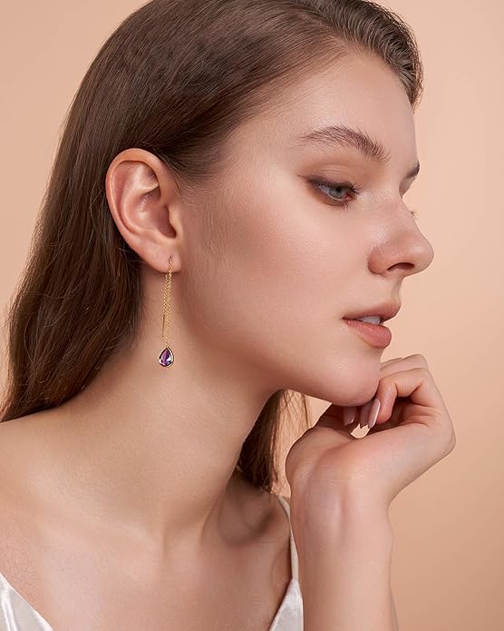 Long Dainty 18K gold plated Threader Chain (Green, Purple) Emerald Purple Dangle Earrings for Women by SNGIA, Minimalist Fashion Statement Trendy Thin Drop Jewelry Gifts