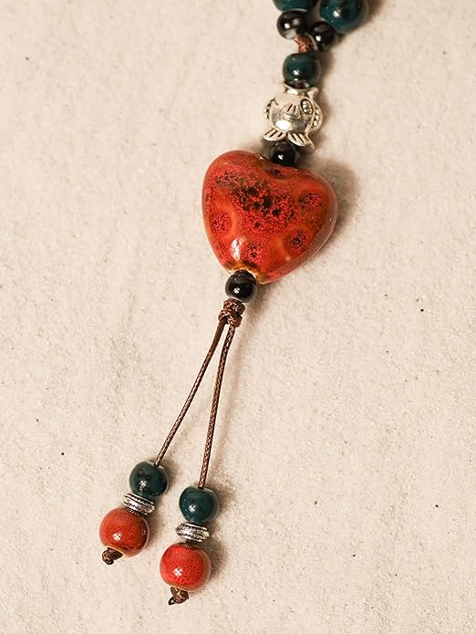 MINACHI Boho Hippie Colorful Ceramic Heart Bead Strand Necklace, Bohemian Summer Statement Jewelry Gift for Women