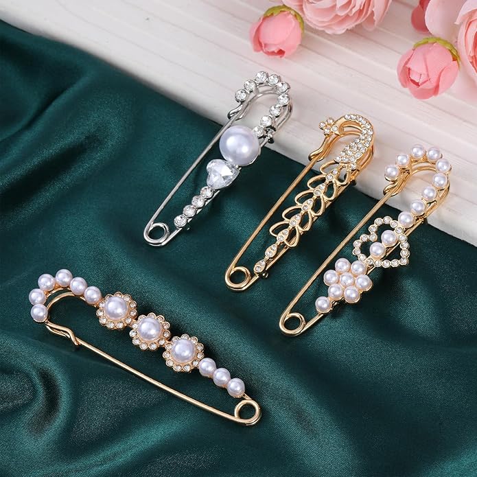 4 Pieces Pearl Brooch Pins, Faux Crystal Decorative Safety Pins for Clothing Sweater Shawl Pin and Brooches Pearl Safety Pin for Women Dress Pants Scarf Skirt Cardigan Collar