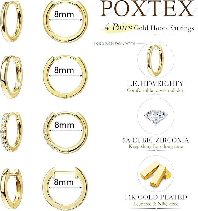 Small Gold Huggie Hoop Earrings Set for Women Men Hypoallergenic 14K Plated Stack Cartilage Earrings, Multiple Piercing Lightweight Mini Thin Cute Dainty Trendy Jewelry Set Christmas Gifts for Women
