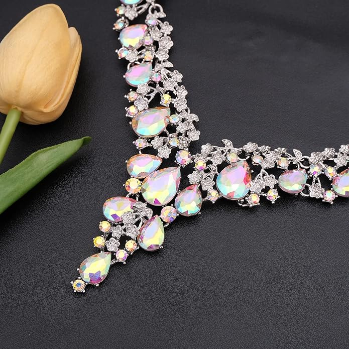 CSY Elegant Crystal Costume Jewelry Sets Flower Bridal Necklace Earrings Stretch Bangle Set for Bride Bridesmaid Wedding Dress Accessories