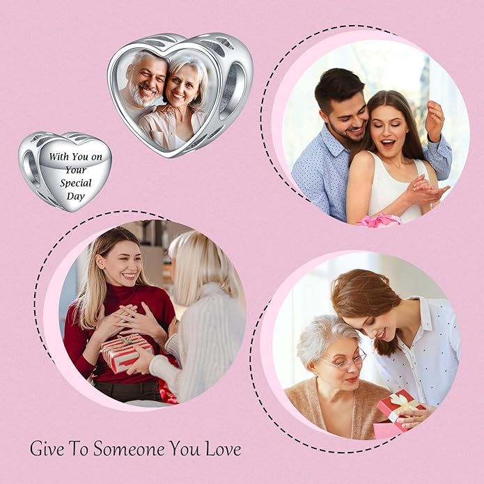Annmors Personalized Photo Charms For Bracelets/Necklace 925 Sterling Silver Love Heart Shaped Engraved Customize Picture Gift for Birthday Mother's Day,Bead Charms Jewelry for Women