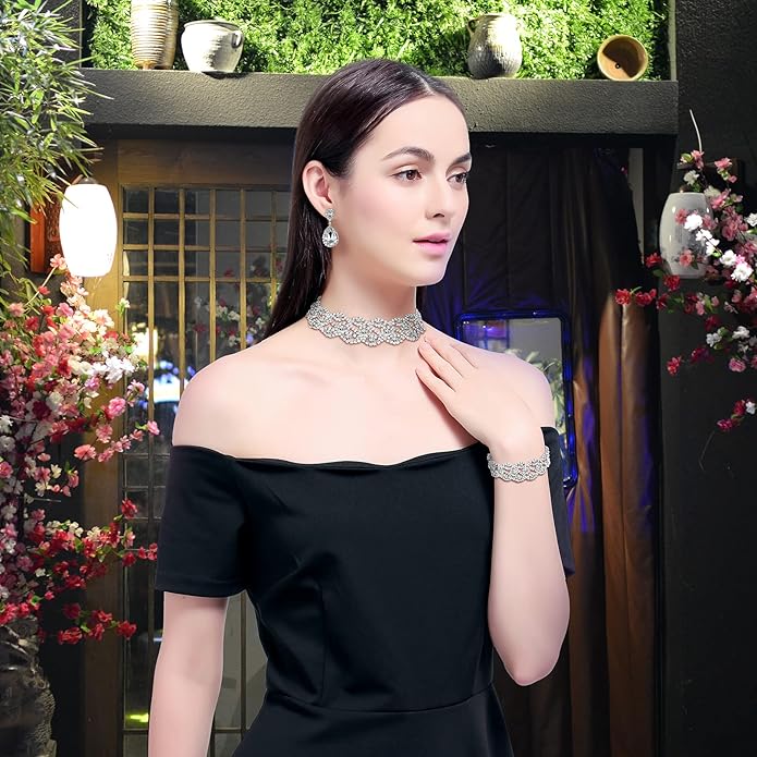 3/4 Pieces Women Jewelry Set Artificial Rhinestone Crystal Bride Statement Choker Necklace Tiara Crown Link Bangle Bracelet Teardrop Dangle Earrings Set