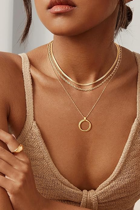 NECOCY Valentine's Day Gift 14k Gold/Silver Plated Layered Gold Necklaces for Women, 3Pcs Dainty Herringbone Choker Set, Trendy Stack Simple Chain Layering Pendant Jewelry