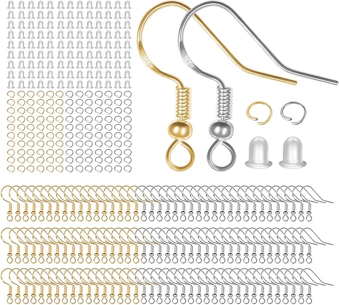 925 Sterling Silver Earring Hooks, 750PCS Earring Hooks Kit 250PCS/125Pairs Gold & Silver Hypoallergenic Earring Hooks with 250PCS Open Jump Rings and 250PCS Rubber Earring Backs for Jewelry Making