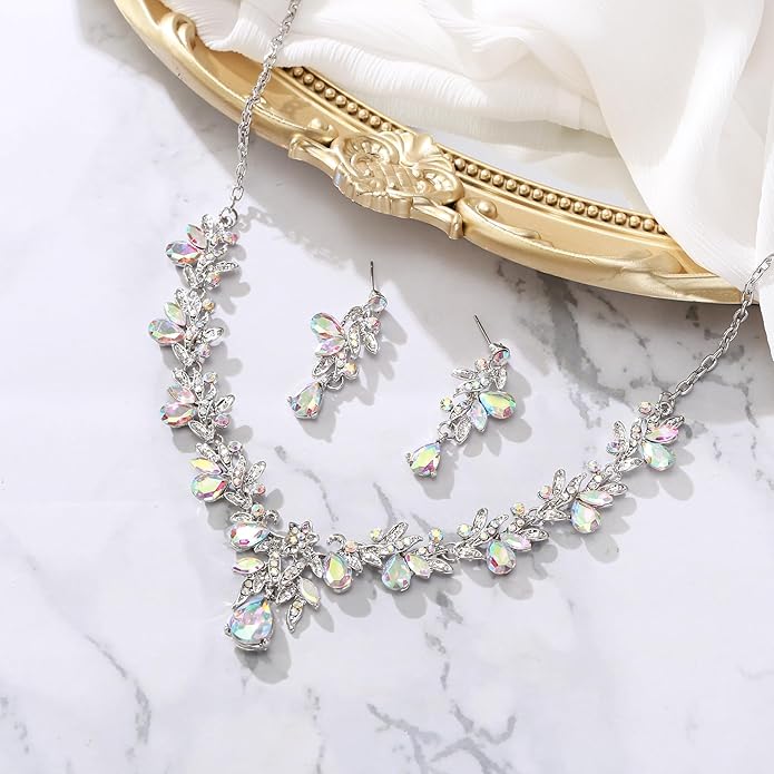 BriLove Women's Wedding Jewelery Set Leaf Flower Crystal Teardrop Marquise Cluster Pendant Necklace Dangle Earrings for Bridal Party
