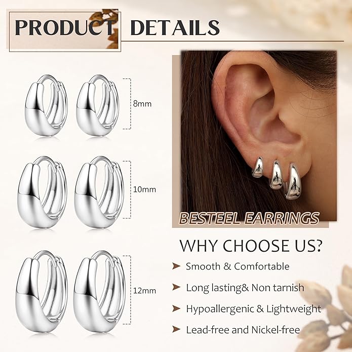 BESTEEL 3Pairs 14K Gold Plated Hoop Earrings Set for Women Chunky Earring Silver Plated Hypoallergenic Small Huggie Hoops Lightweight Tiny Thick Trendy Hoop Earrings Stacks for Multiple Piercing