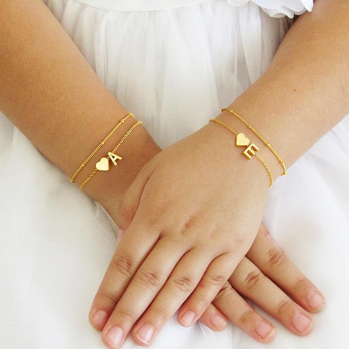 M MOOHAM Valentines Day Gifts for Kids Teen Girls -14K-Gold-Plated Heart Initial A-Z Bracelets for Women Girl Dainty Gold Bracelets Birthday Valentines Gifts for Women Her Teenage Girls Kid Teen Gift