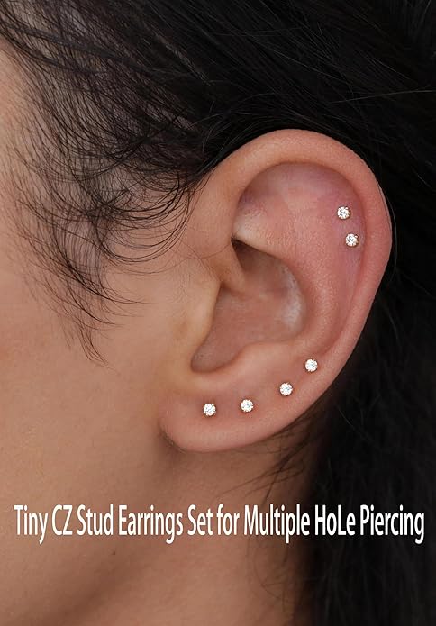 14K Gold Filled Polished Small CZ Pearl Ball Stud Earrings Set for Women Men 20G Surgical Steel Hypoallergenic Piercing Studs for Sensitive Ear, Pack of 6 Pairs