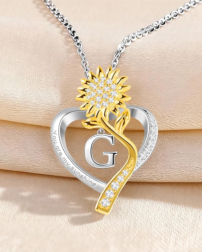 Birthday Gifts for Women Preserved Real Rose with Sunflower Initial Necklace - Birthday Gifts for Women Her Mom Wife on Valentines Mothers Day Christmas Anniversary Romantic with Pendant G