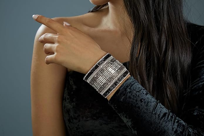 SPUNKYsoul Cuff Bracelets for Women Collection - Adjustable, Stylish Boho Inspired Beaded Bracelets, Trendy Stackable Beads, Ideal for Everyday Wear & Special Occasions (Silver, Black)