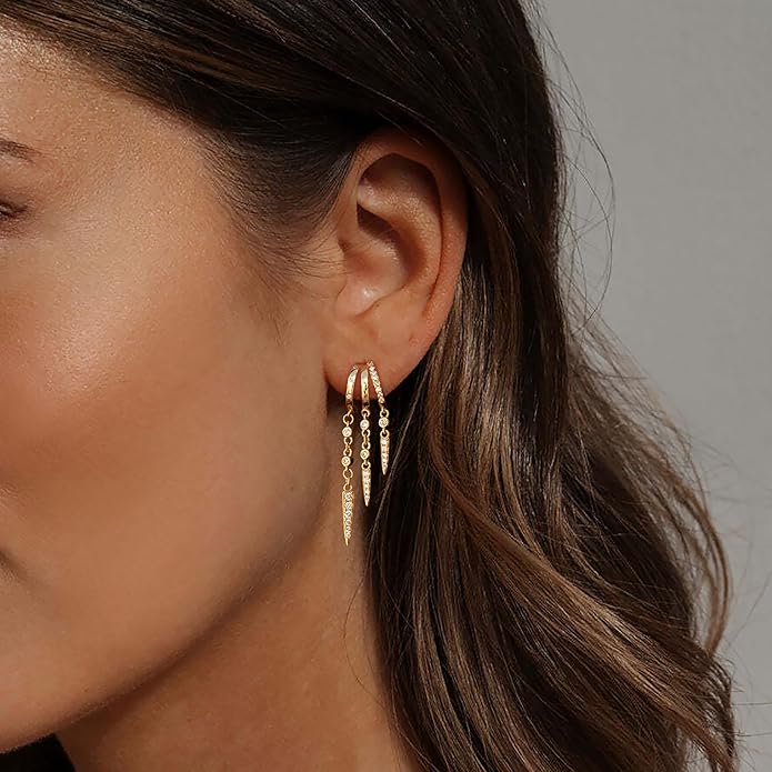 Dangle Earrings For Women,Dainty 14K Gold Plated Hypoallergenic Small Triple Huggie Hoop Earring Gothic Cute Cross Moon Star Drop Earrings For Women Trendy Gold Statement Stud Earring Jewelry