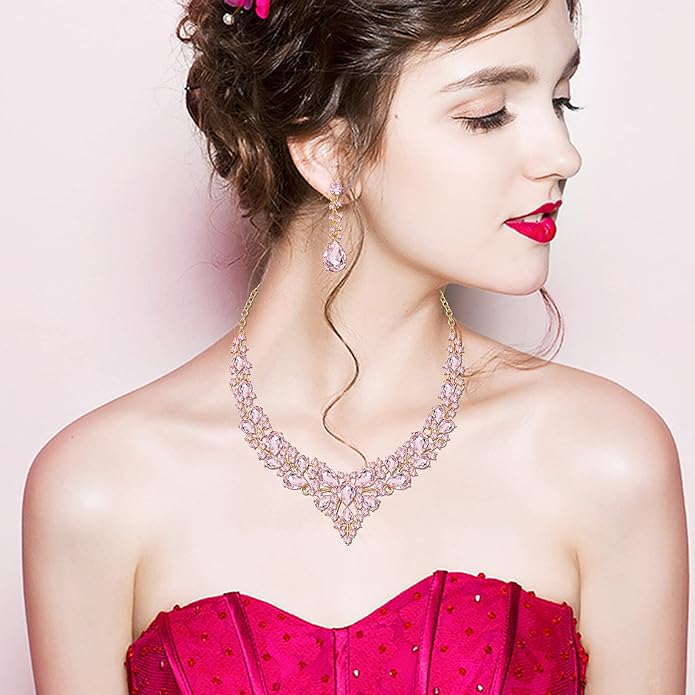 CSY 4 Pcs/Set Austrian Crystal Necklace Earrings Bracelet Ring Bridal Jewelry Sets for Brides Wedding Party Costume Accessories Gifts for Women