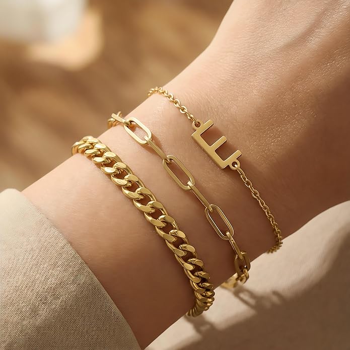14K Gold Plated Bracelets for Women, A–Z Initial Charm Bangles Jewelry Set, Elegant Gold Accessories, Friendship Bracelet Gifts for Mom