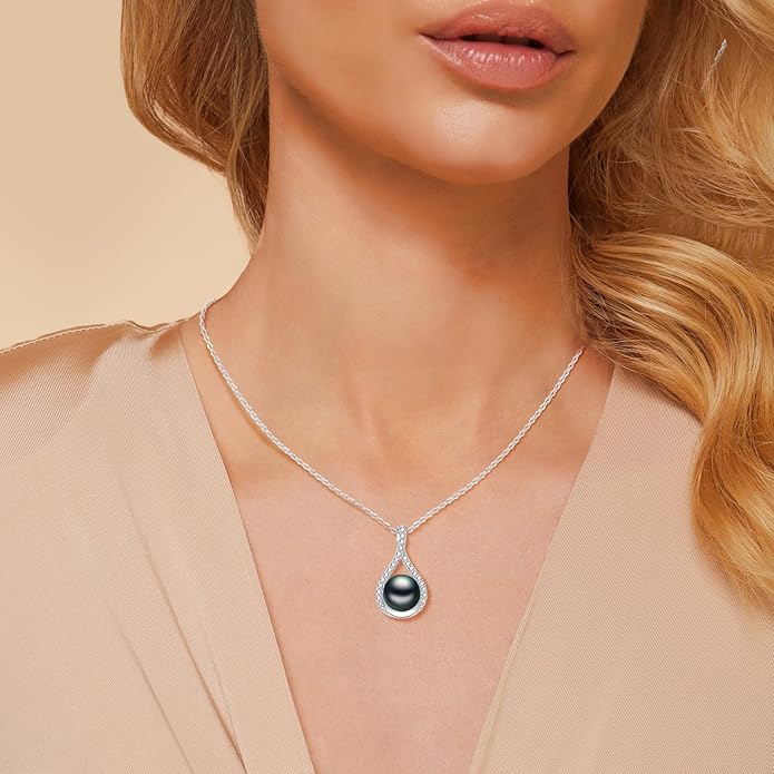 Pearl Necklace and Earring Set for Women- 925 Sterling Silver Adjustable Jewelry Set, White Gold /14K Gold Plated Infinity Black White Pearl Jewelry Set Anniversary Birthday Gifts for Her