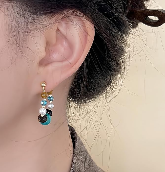 Hupplle Handmade Vintage Boho Dangle Earrings with Natural Stone Crystal Pearl Lightweight Hypoallergenic Elegant Jewelry Gifts for Women