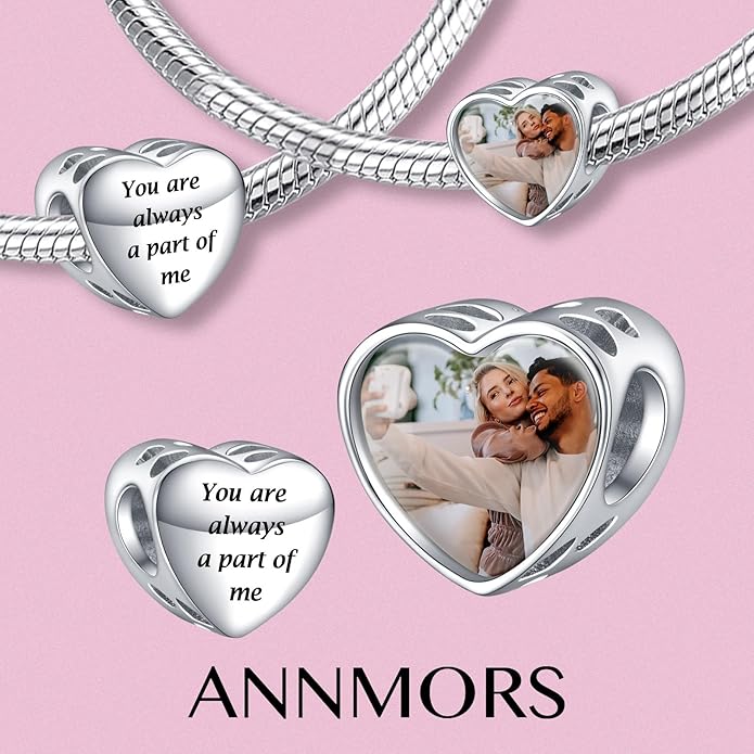 Annmors Personalized Photo Charms For Bracelets/Necklace 925 Sterling Silver Love Heart Shaped Engraved Customize Picture Gift for Birthday Mother's Day,Bead Charms Jewelry for Women