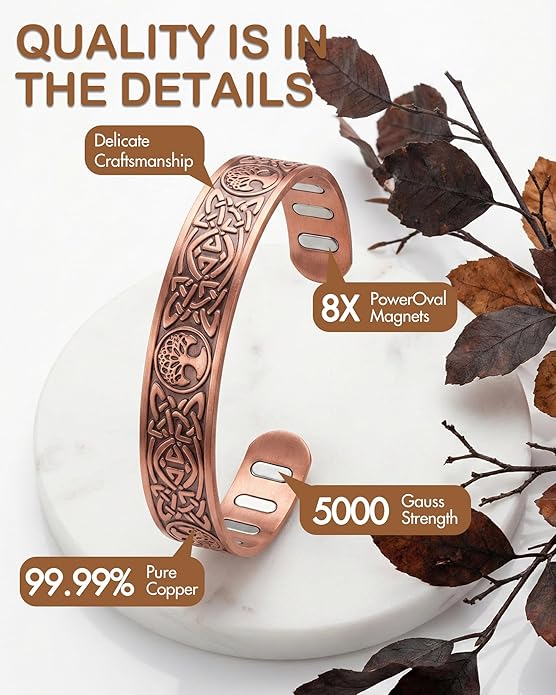 Feraco Copper Bracelet for Men, 5X Ultra Strength Magnetic Cuff Bangle with 5000 Gauss Neodymium Magnets, 99.99% Pure Copper Jewelry Gift, Adjustable