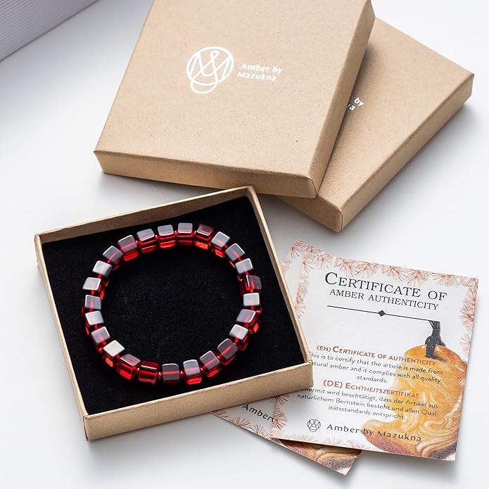 Natural Red Baltic Amber Bracelet for Women and Men – Stretch Wristband with Polished Cube Beads, Lightweight Unisex Jewelry Gift for Daily and Casual Wear (Red)