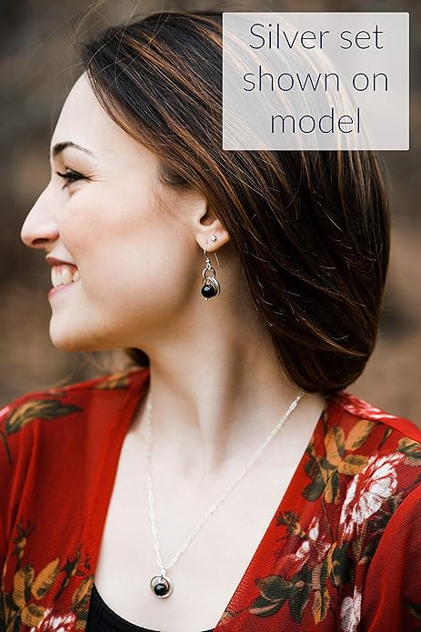 Tahmi Classic Real Black Onyx Gemstone Dangle Earrings and 20 Inch Pendant Necklace on Chain with 14K Yellow Gold-filled Circles Dainty Minimalist Jewelry Gift Set Idea for Women