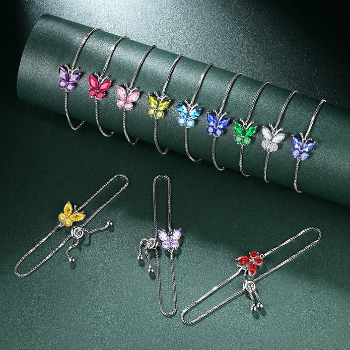 925 Sterling Silver Birthstone Butterfly Jewelry Women Crystal Animal Cute Butterflies Birthday Necklace/Earring/Ring/Bracelet Sets Birth Stone Statement Anniversary Jewellery