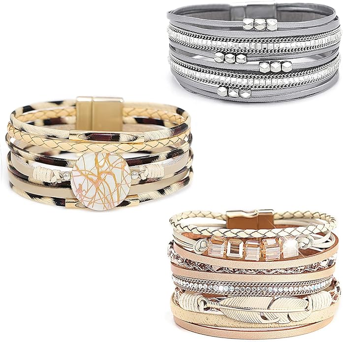 Wowanoo 3Pack Leather Cuff Bracelet Set Multilayer Wrap Bracelet Crystal Feather Tree Bracelet Magnetic Clasp Bracelet for Women