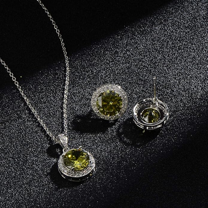 Bridal Crystal Jewelry Set - Sterling Silver Round Cubic Zirconia CZ Rhinestone Halo Birthstone Pendant Necklace Stud Earrings Set for Wedding Bride Bridesmaids Birthday Gift