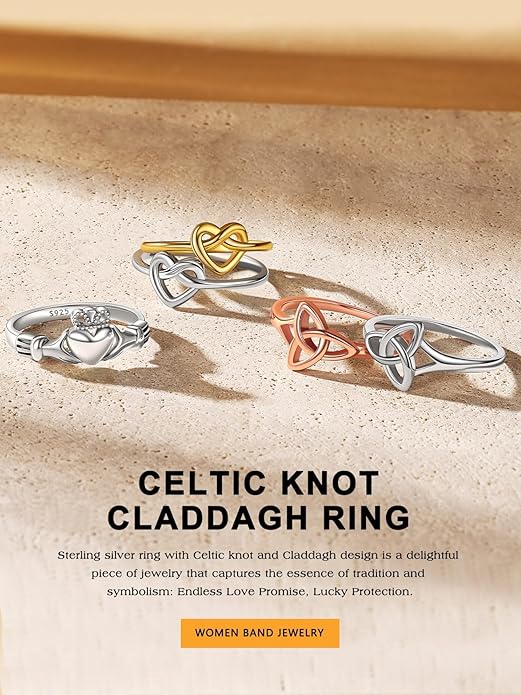 Bestyle 925 Sterling Silver Ring for Women, Minimalist Claddagh Ring Celtic Knot Ring for Women, Irish Promise Wedding Band, Gold/Rose Gold Vermeil Women Band Ring, Stackable, Gift for Her