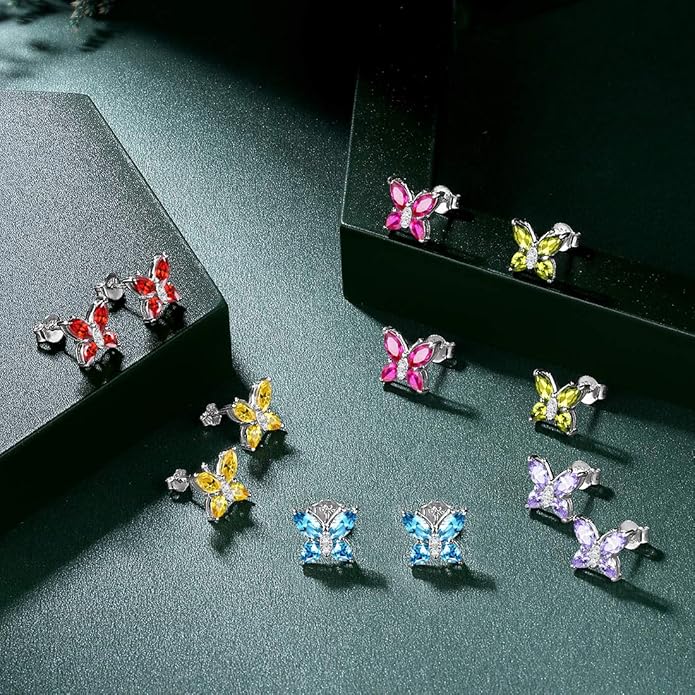 925 Sterling Silver Birthstone Butterfly Jewelry Women Crystal Animal Cute Butterflies Birthday Necklace/Earring/Ring/Bracelet Sets Birth Stone Statement Anniversary Jewellery