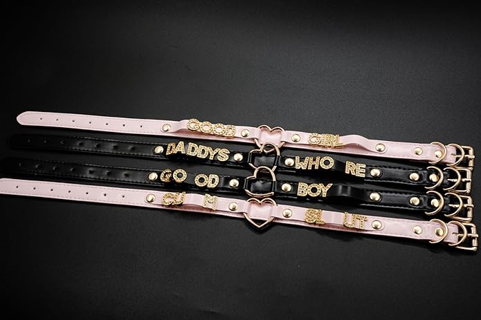 Handmade Gold Heart O-Ring Letter Choker Necklace for Women, Adjustable PU Leather Black/Pink Choker Collar For Women, Goth Choker Collars Necklace