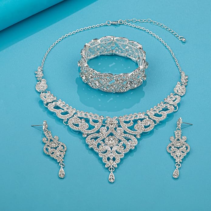 Silver Gold Plated Wedding Jewelry Sets Bridal Necklace Rhinestone Earrings Bracelets