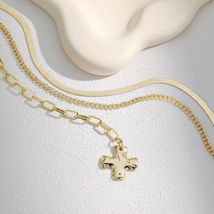 Evabelle Gold Layered Necklace for Women Trendy Jewelry 14K Real Gold Plated Chunky Chain Stackable Necklaces Dainty Choker Necklaces Rectangle Square Pendant