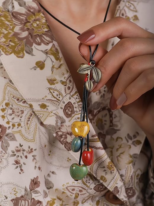 MINACHI Vintage Bohemian Leaf Charm Colorful Ceramic Bead Long Y Necklace, Boho Jewelry Gift for Women