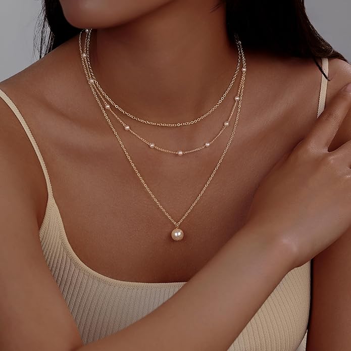 Evabelle Gold Layered Necklace for Women Trendy Jewelry 14K Real Gold Plated Chunky Chain Stackable Necklaces Dainty Choker Necklaces Rectangle Square Pendant