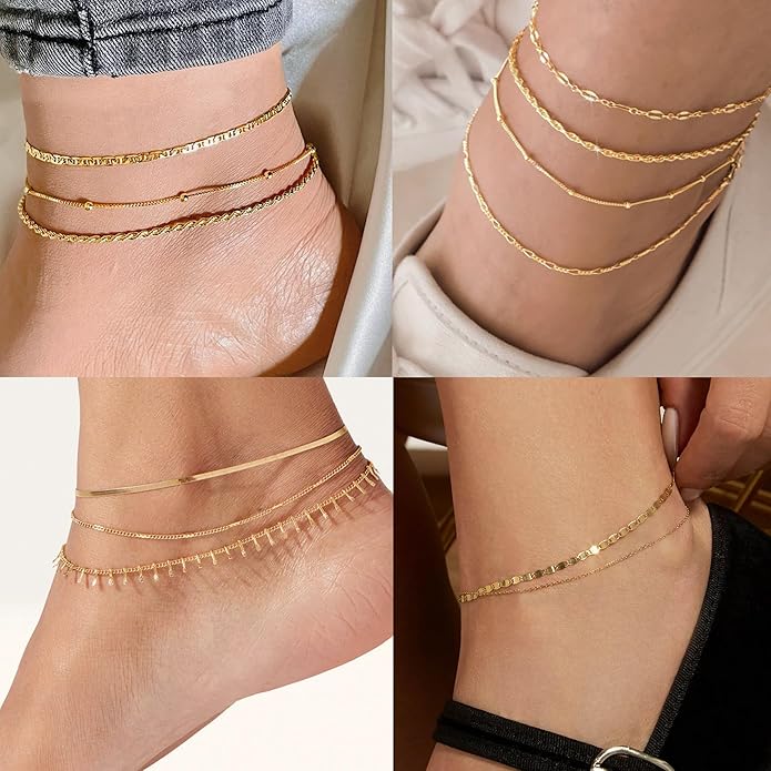 iF YOU Gold Ankle Bracelets for Women, 14k Gold Plated Waterproof Cuban Link Chain Anklets Set, Layered Anklet Bracelets for Women Beach Gift Adjustable Size 5pc