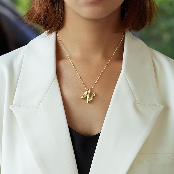 Inerney Valentines Day Gifts Gold Bubble Letter Necklace Initial Necklaces for Women, Chunky 14K Plated Balloon Initials, Trendy Charm Non Tarnish Custom Name Pendant Jewelry Gifts for Mom